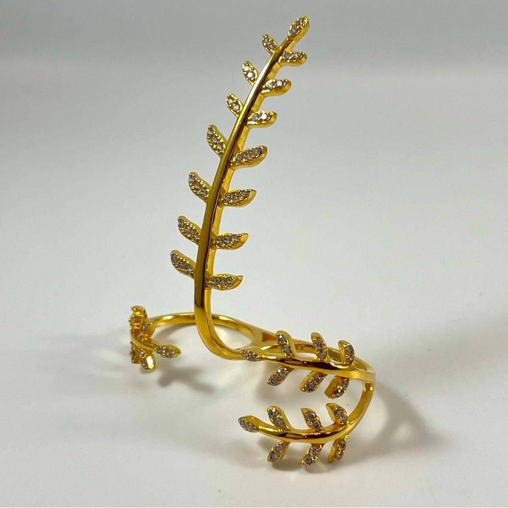 BaubleBar Gold Tone Rhinestone Vine Flower Double Ring Statement Boho Flower